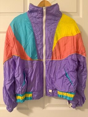 Vintage TRILOGI 80s 90s Color Block Ski Jacket Windbreaker Purple Teal Yellow L